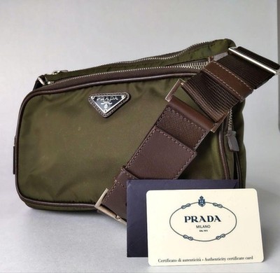 PRADA Triangle Logo body bag Shoulder Bag khaki Nylon Leather Authentic
