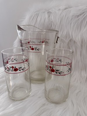 Vintage Pasabahce Mid-Century Pitcher And 2  Tumbler  Set - Red Floral Enamel 