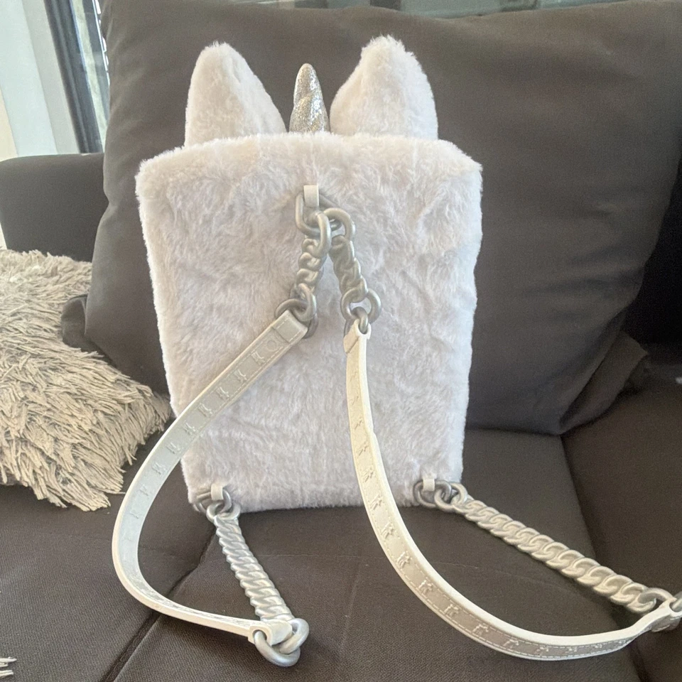 Einhorn Kinder Rucksack klein Kunstfell/Kunstleder weiß-silber Glitzer, Schnapp - Bild 3 von 4