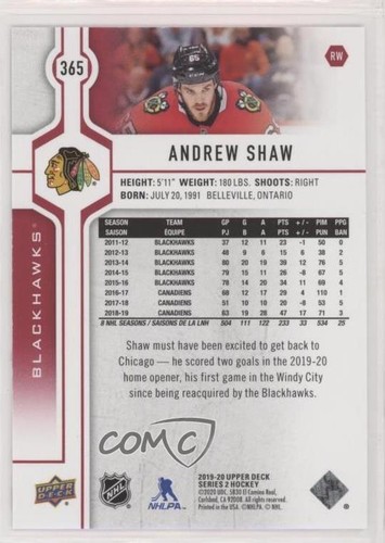 Upper Deck UD Exclusives 2019-20 /100 Andrew Shaw #365 - Foto 2 di 3