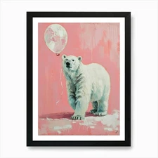Cute Polar Bear 5 With Balloon Art  Framed Wall Art Poster Canvas Print Picture