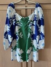Farm Rio Soft Garden Linen Blend Puff Sleeve Mini Dress Floral Blue Size Small