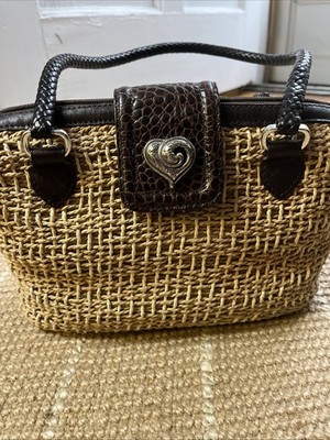 BRIGHTON Handbag Braided Leather Woven Straw Rafia Satchel Purse Heart Y2K