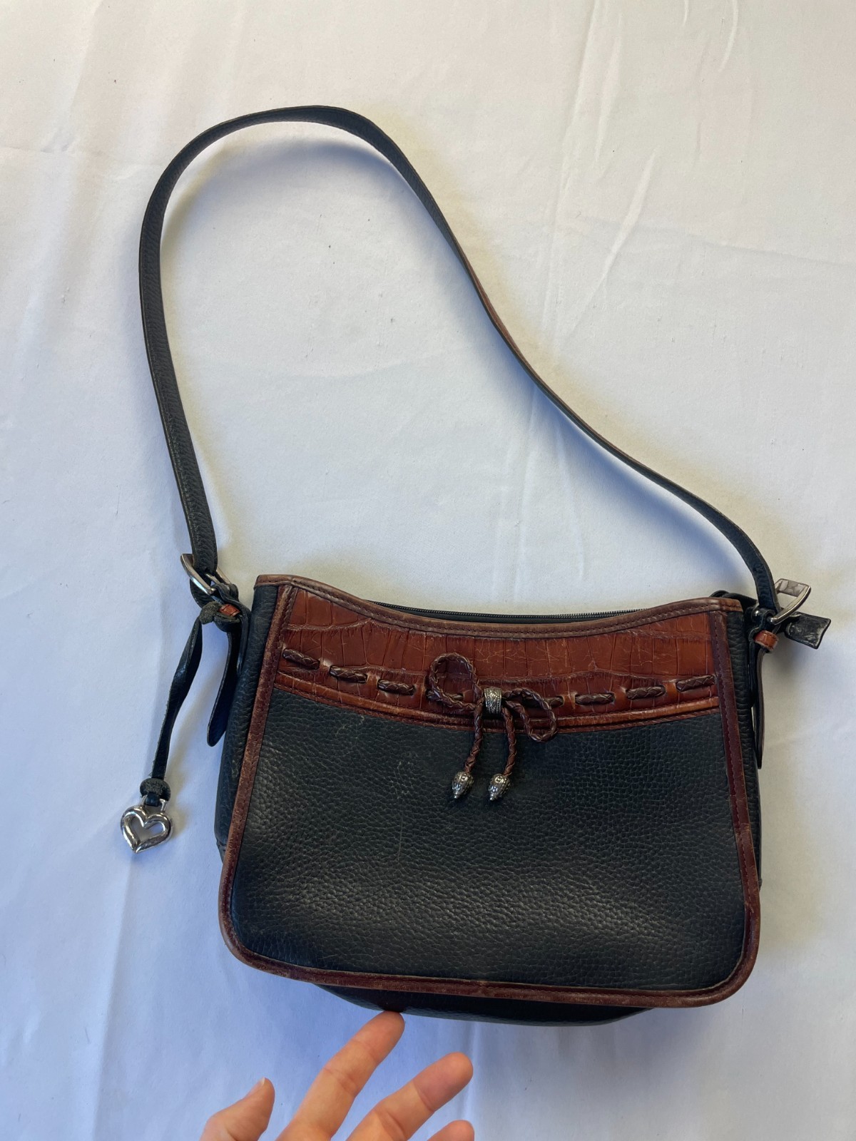 Vintage Brighton Leather Crossbody Purse Bag Black Brown Two-Tone Leather Heart