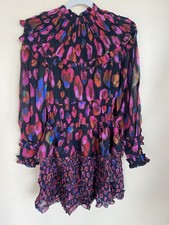 Farm Rio XXS Mini Dress Iridescent Leopards Multicolored Ruffled Vibrant Smocked