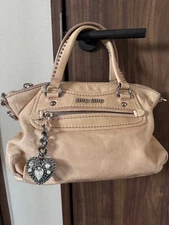 Miu Miu Vitello Shine 2-Way Leather Shoulder Bag Studded Pink Beige