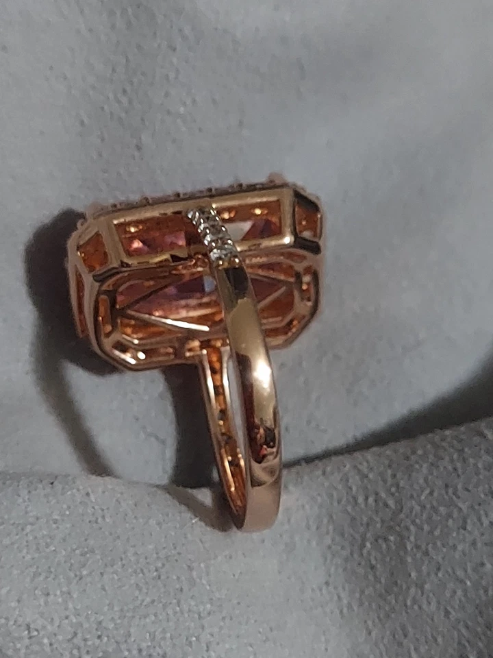 Lab Pink Sapphire 4CT Radiant Cut Wedding Halo Ring Rose Gold Over 925 Size 6 - Image 3 of 4