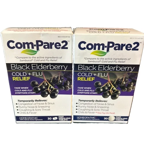 2 Pck Com-Pare2 Black Elderberry Cold/Flu Relief 2 Box 30 Tablets each Exp 01/28 - product listing photo