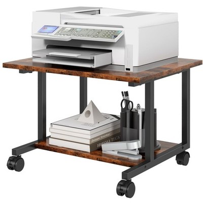 2Tier Rustic Brown Under Desk Industrial Mobile Printer Stand Storage Shelf