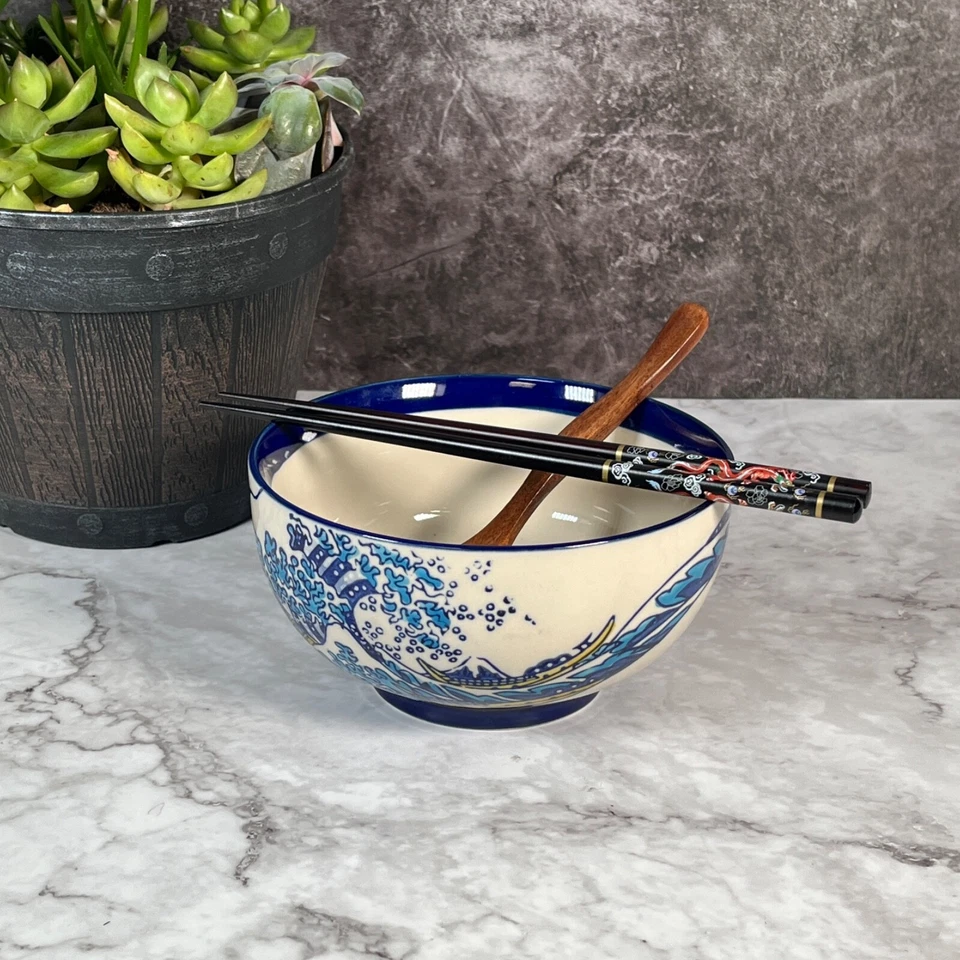 Conjunto de tigela de sopa de macarrão 6 1/4" ondas japonesas bege azul ramen - Imagem 2 de 4