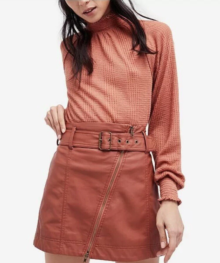 Free People Rust Vegan Leather Belted Retro Skirt