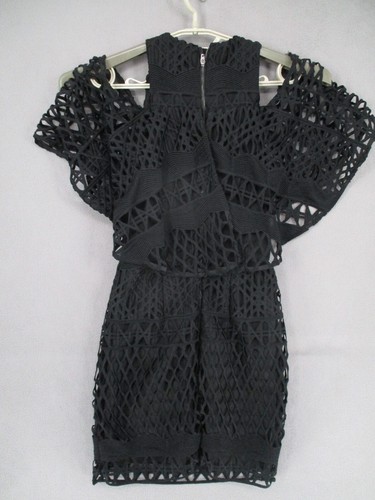 Kookai Dress Womens 34 Black Lace Crochet Net Cold Shoulder Mini Wide Bodycon - Picture 12 of 18