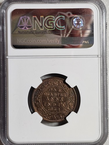 India 1/4 Anna 1934C NGC MS 63 BN - Picture 2 of 2