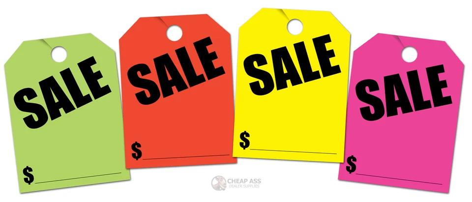 DONKEY AUTO PRODUCTS SALE $ Price Jumbo Hang Tags (Multi-Color 40 Pack: Green, Orange, Pink, Yellow)