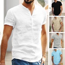 Men's Short Sleeve Buttoned Shirt Linen Shirt with Round Neck.