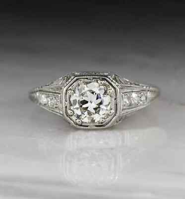 14K White Gold Plated Round Tester Pass Moissanite Vintage Engagement Ring