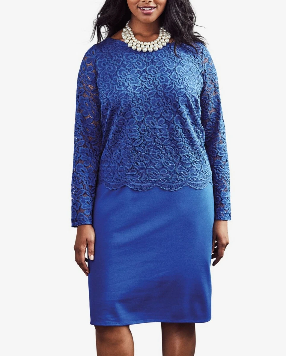 Jessica London Plus Size Twilight Blue Ponte Lace Overlay Dress