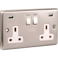 Brushed Stainless Steel Brushed Chrome Sockets and Switched USB White Insert