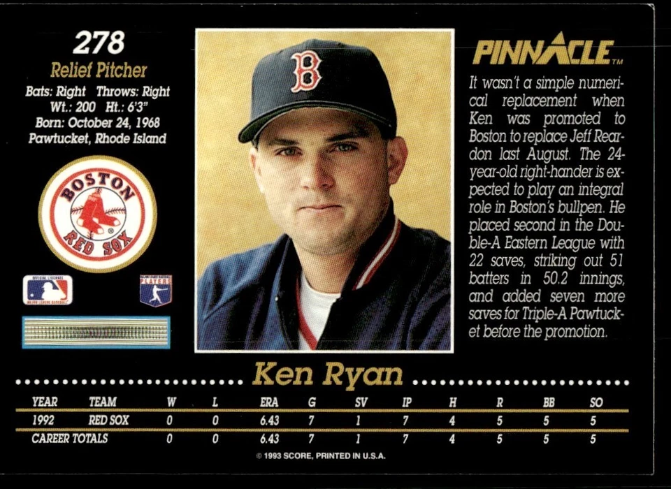 1993 Pinnacle Ken Ryan RC Boston Red Sox #278 - Image 2 of 2
