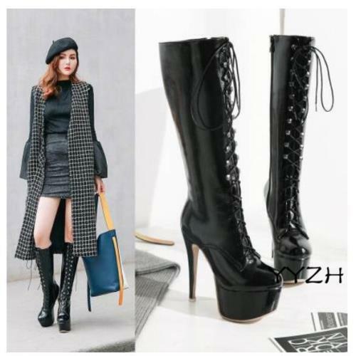 Womens Patent Leather Super High Stiletto Heels Platform Lace up Knee High Boots - Picture 1 of 15