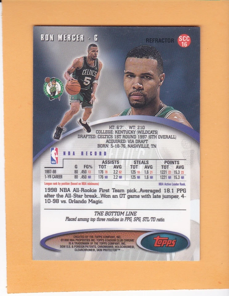 RON MERCER 1998-99 STADIUM CLUB CHROME REFRACTOR #SCC14 BOSTON CELTICS NM-MT - Image 2 of 2