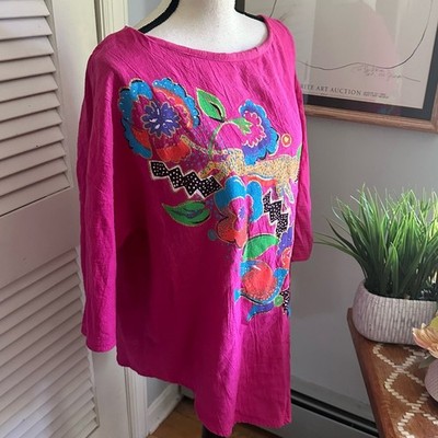 Vintage Copy Cats Tunic Large Hot Pink Painted Retro 80s Artsy Boho Eclectic