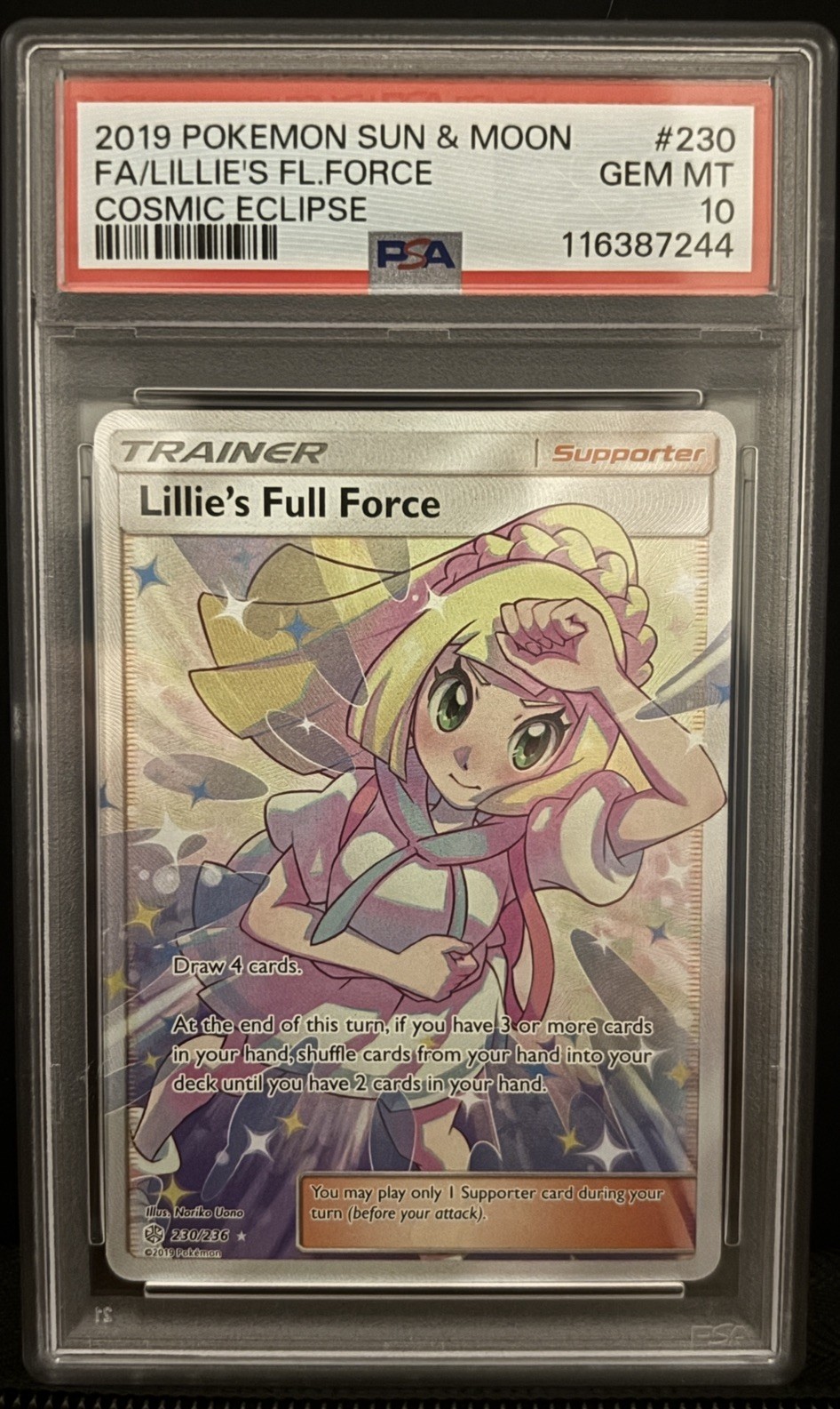 2019 POKEMON SUN & MOON COSMIC ECLIPSE #230 FULL ART/LILLIE'S FULL FORCE PSA 10