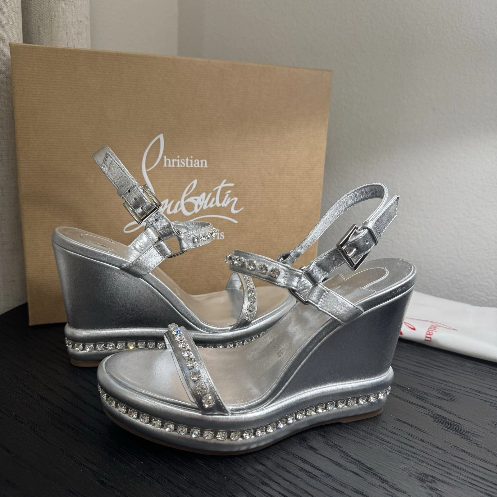 Christian Louboutin — Christian Louboutin Pyrastrass 110 Embellished Wedge Sandals Silver 37