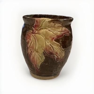 Studio Art Pottery Leaf Pattern Vase Brown Beige Signed Glossy Incised