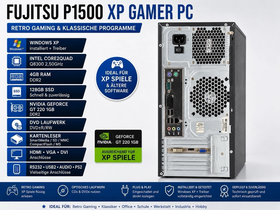 Windows XP Gamer 32bit Fujitsu P1500 Core2Quad 2.50GHz 128GB SSD 4GB COM DVD - Bild 2 von 4