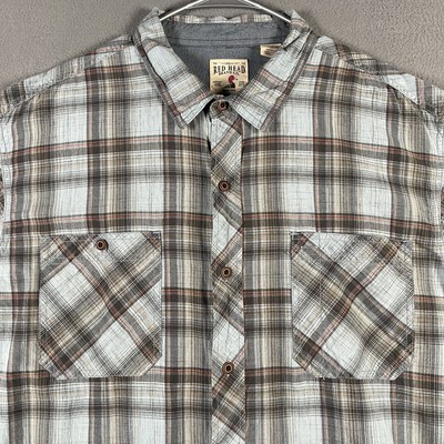 Red Head Brand Shirt Mens 2XL Tall Gray Brown Plaid Button Up Outdoor Workwear