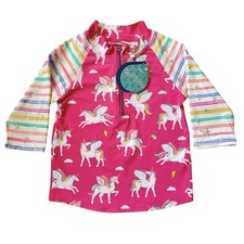 Hatley Rash Guard Girls 3 Unicorn Top Pink Rainbow Stripes Stars Half Zip NWT