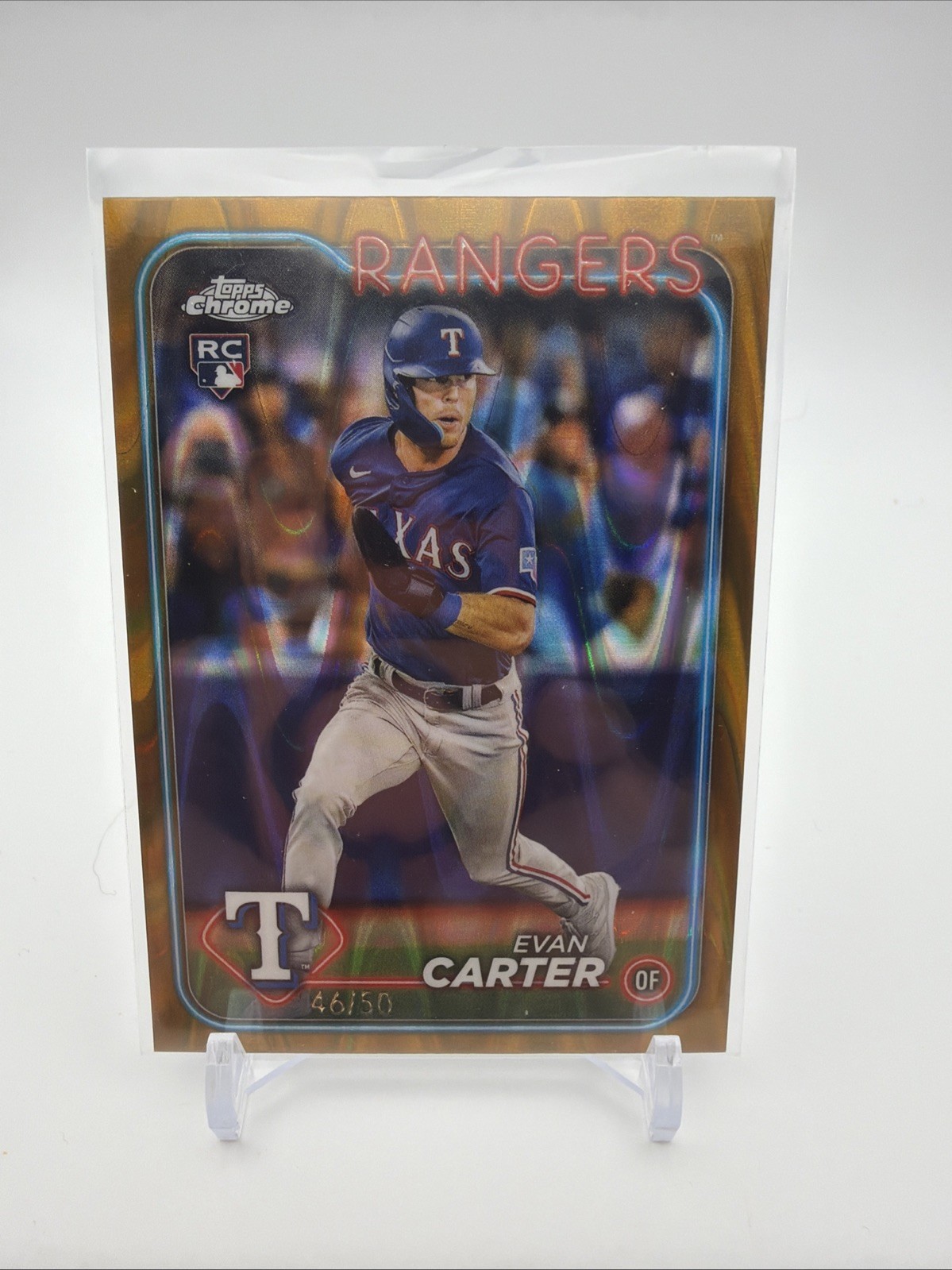 2024 Topps Chrome - Evan Carter #136 Gold RayWave Refractor 46/50 (RC) - Rangers
