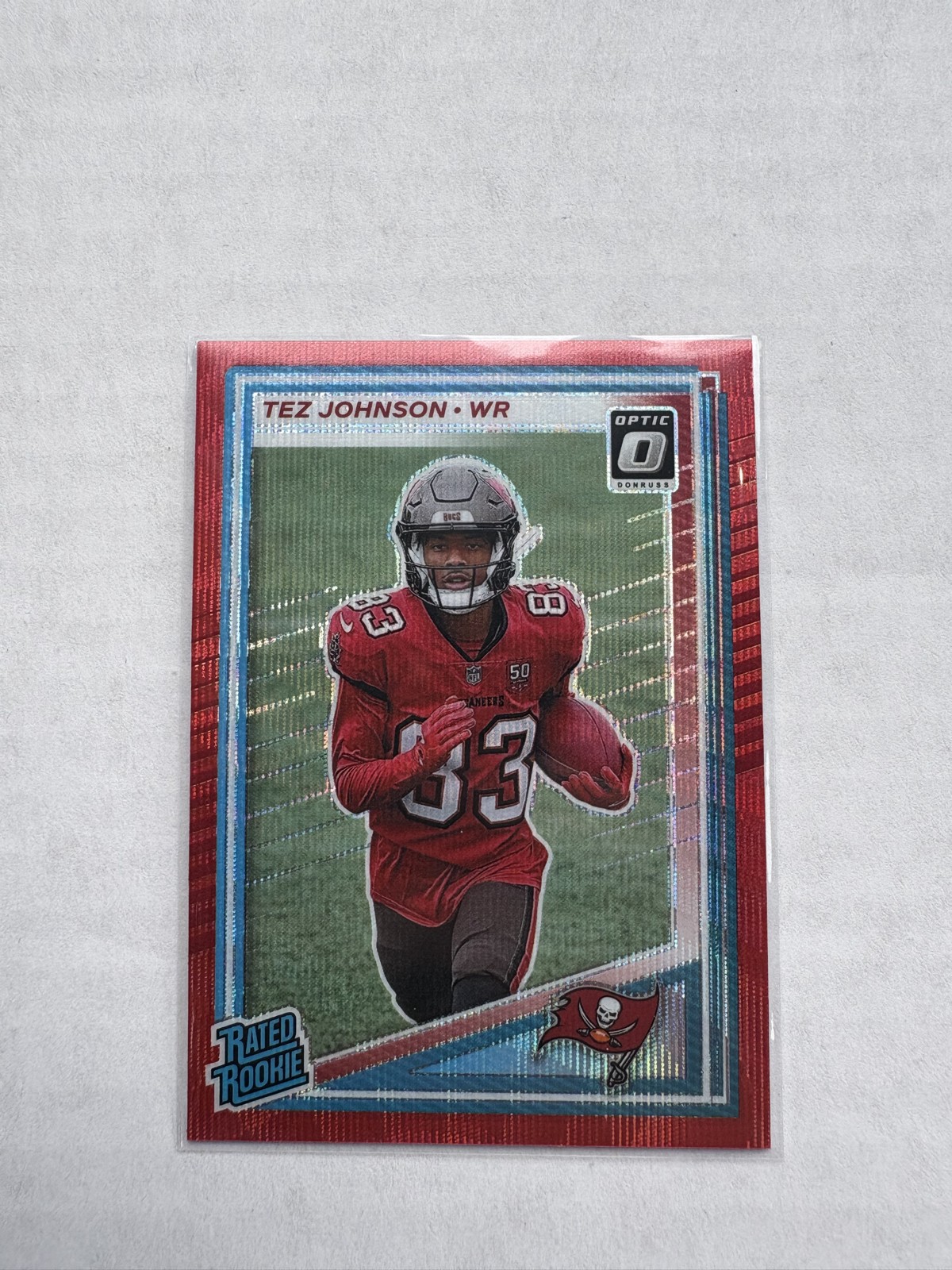 2025 Donruss - Rated Rookie Tez Johnson #313 Optic Preview Red Wave Prizm (RC)