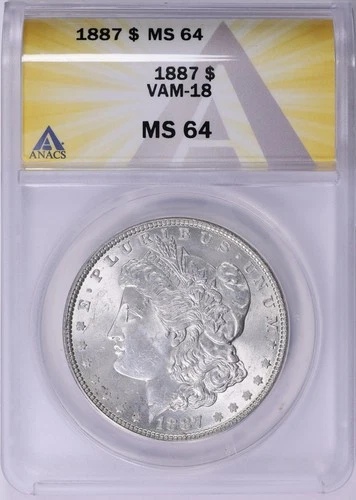 1887 Morgan Silver Dollar ANACS MS-64 Vam-18 Doubled Stars & Motto Near Date