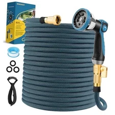 Non-Expanding Garden Hose 50 ft, Flexible Water Hose with 10 Function 50FT Blue
