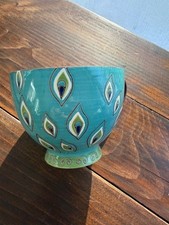 Pier 1 Imports Dolomite Peacock Hand Painted Footed Coffee Mug Cup 16 Oz MINT