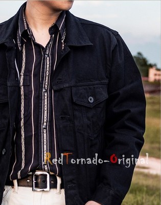 Red Tornado Men Vintage Black Denim Jacket Retro Cotton Selvedge Denim Coat 14oz