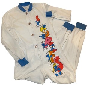 Vtg 1980s Smurfs Pajamas Child Size 10/12 Retro Peyo Bodysuit