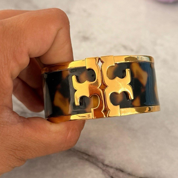 Alternate view of Tory Burch Gold Plated Resin Tortoise Brown Hinged Cuff Bangle Bracelet
