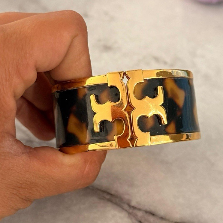 Tory Burch Gold Plated Resin Tortoise Brown Hinged Cuff Bangle Bracelet - Product main view
