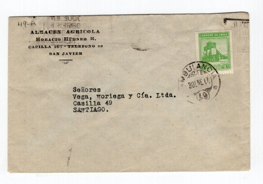 Chile 1947 TPO Ambulance Railway cancellation n°49 on cover