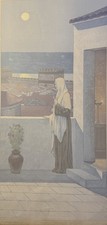 JACQUES BELTRAND SUPERB COLOUR WOODCUT WOMAN ON BALCONY SIGNED
