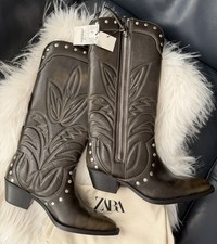 ZARA Brown Knee High Embroidered Cowboy Boots Studs Size UK 8 EUR 41 3030/510