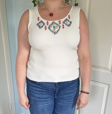 Ruby Rd. white rayon and nylon tank top with blue and orange beading on neckline