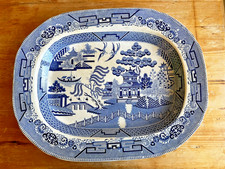 Antique Staffordshire Stoneware Willow Pattern  Meat Platter/plate 45 x 35.5 cm