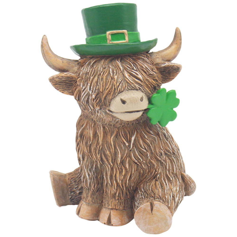 Highland Cow Lucky Boy Figurine Ornament Shamrock Irish Theme Green Hat Clover
