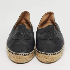 Chanel CC Size 37 Black Leather Espadrille Flats
