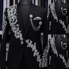 Formal 2Pcs Men's Suits Beading Business Slim Fit Tuxedos Crystal Casual Coat
