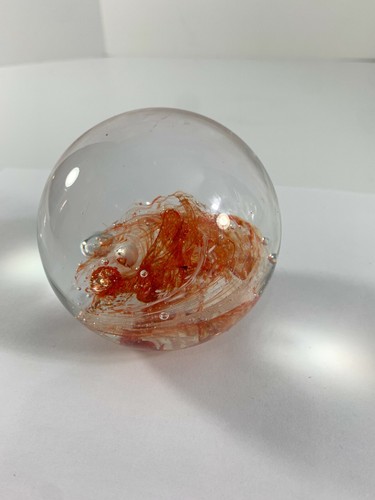 Round Art Glass Paperweight Clear Orange White Swirl Ball Bubbles 10" Around - Picture 2 of 8